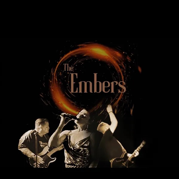 The Embers KC logo above the trio performing live